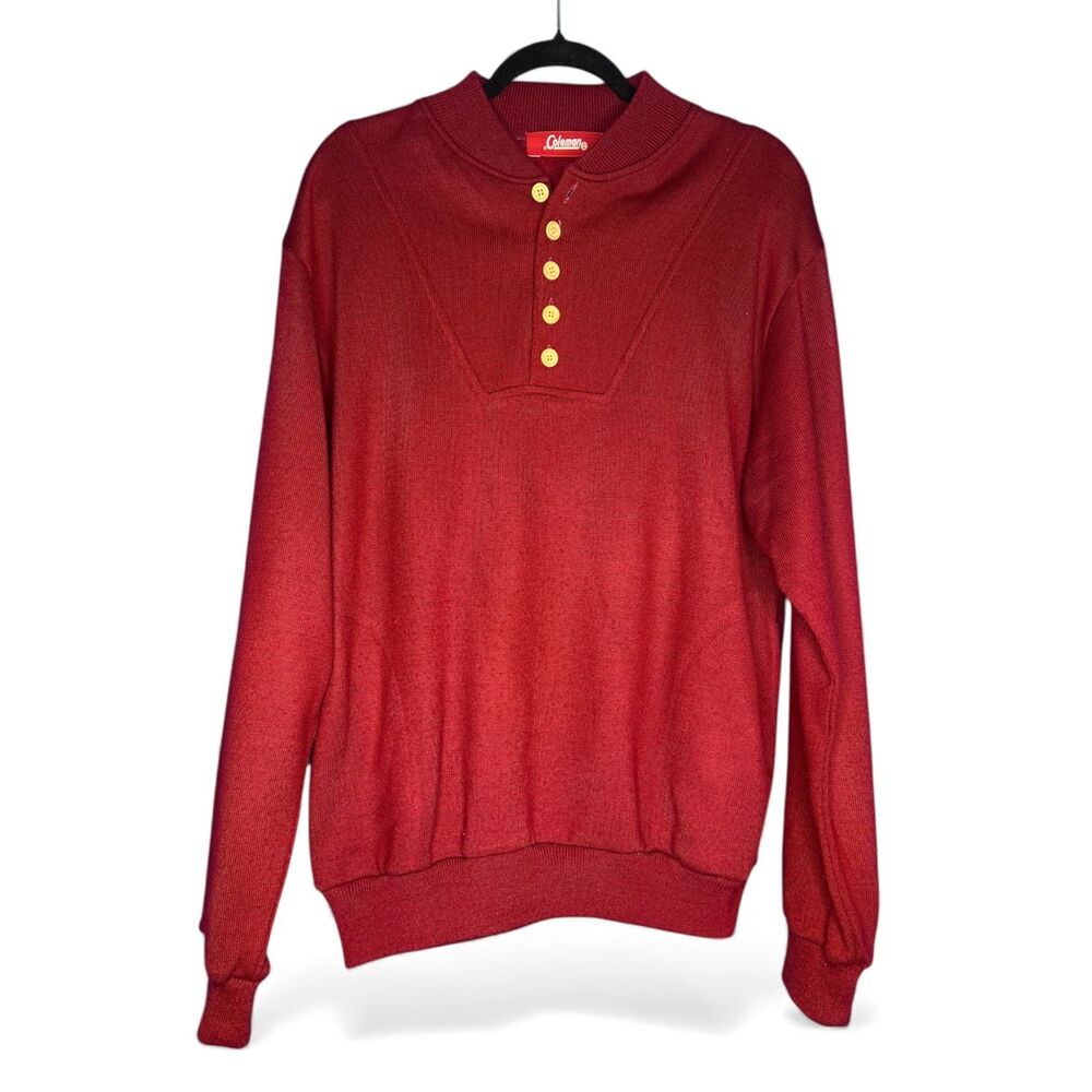 Vintage Coleman Mens Red Knit Henley Pullover Sweater Sz L Pockets 1990s Classic
